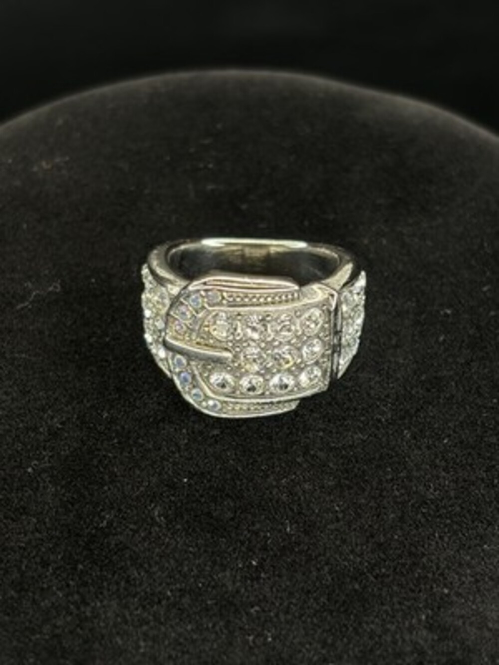 Premier Designs Buckle Up Ring Size 7 Silver Plated Pave Crystal Western Glam